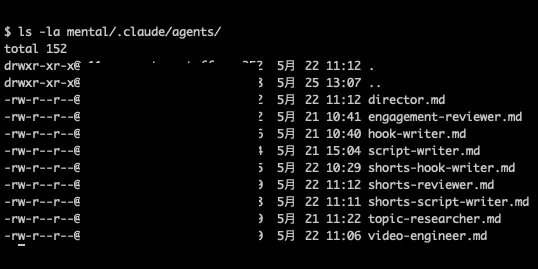 mental/.claude/agents/ を ls -la した画面。director.md / topic-researcher.md / hook-writer.md / script-writer.md / shorts-hook-writer.md / shorts-reviewer.md / shorts-script.md / engagement-reviewer.md / video-engineer.md の定義ファイルが並んでいる