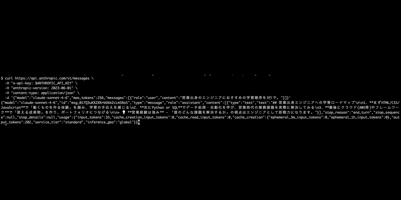 ターミナルで claude-sonnet-4-6 を curl で叩き、model: claude-sonnet-4-6 の JSON レスポンスと usage トークン数が返ってきた実際の出力画面