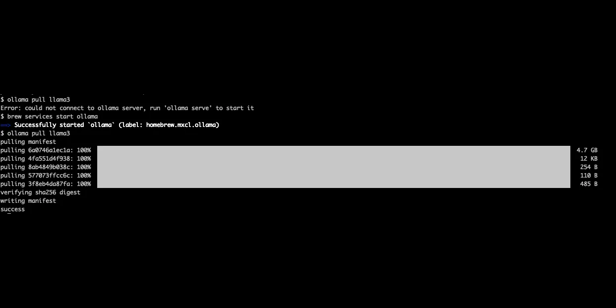 ターミナルで ollama pull llama3 を実行し、llama3（約4.7GB）のダウンロードが100%完了して success と表示された実際の画面