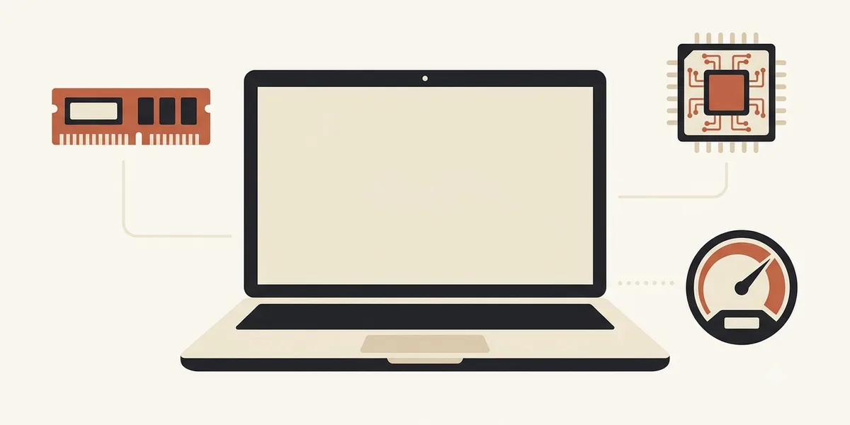 ノートPCとメモリ・チップ・性能メーターで、ローカルLLMに必要なスペックを表したイラスト