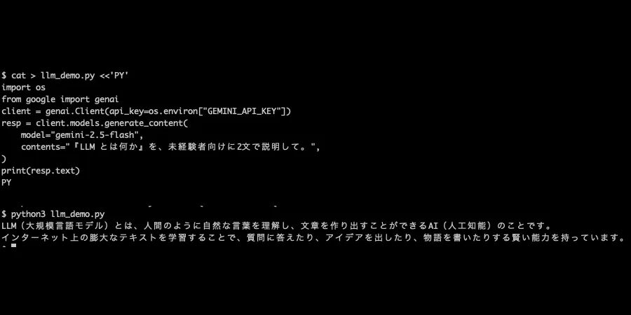 Google の LLM を gemini-2.5-flash というモデル名で API から呼び出すコードと、実行して Gemini が『LLM とは大規模言語モデル…』と未経験者向けに2文で応答した実際のターミナル画面